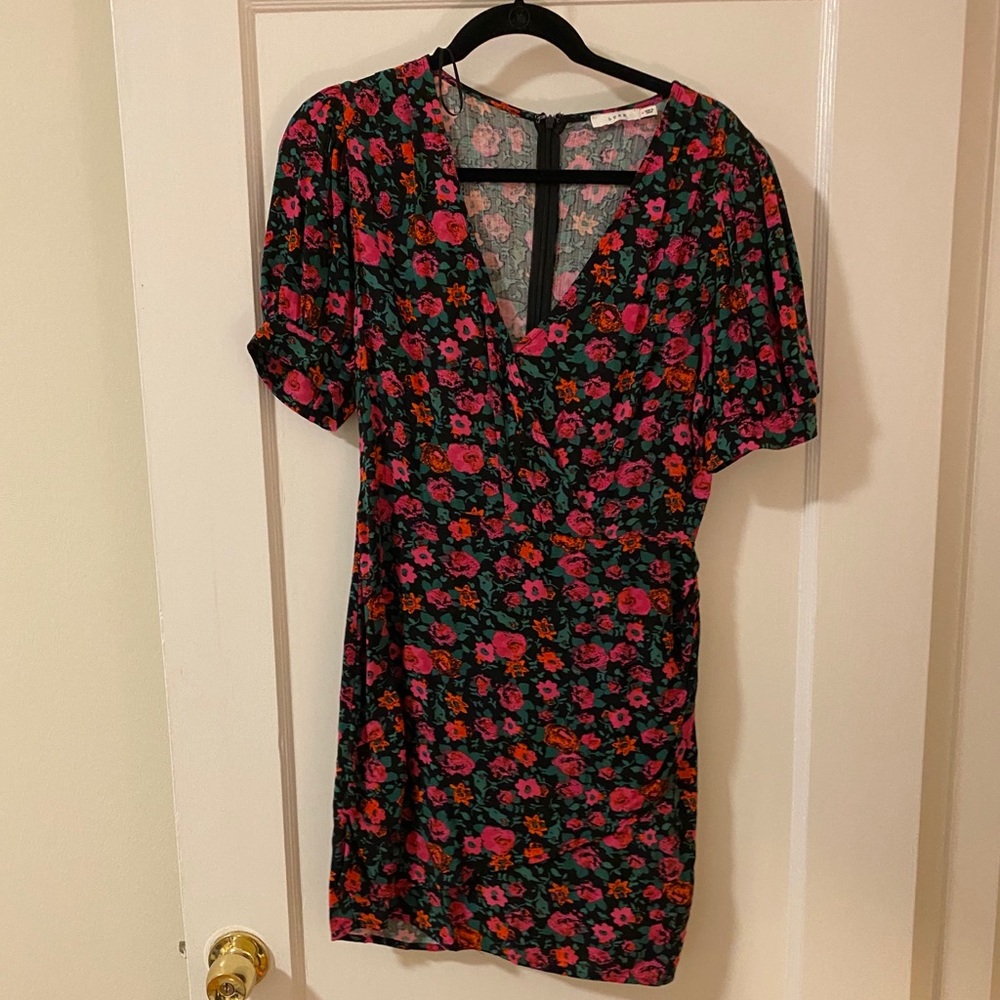 Lush Green and Pink Rose Mini Dress w Sleeves M